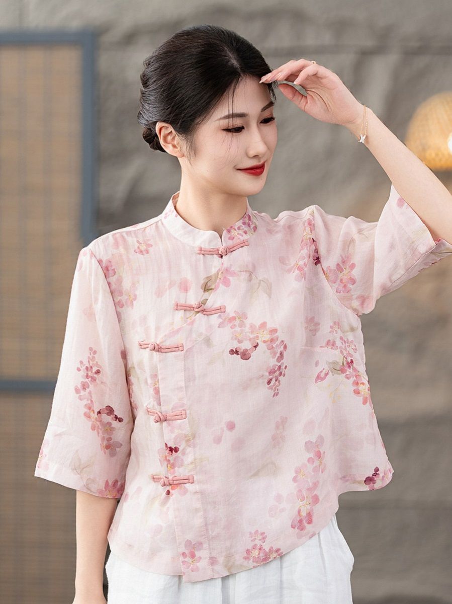  A551-Áo Ramie Hoa Lá Nút Kết 