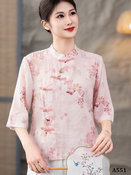  A551-Áo Ramie Hoa Lá Nút Kết 