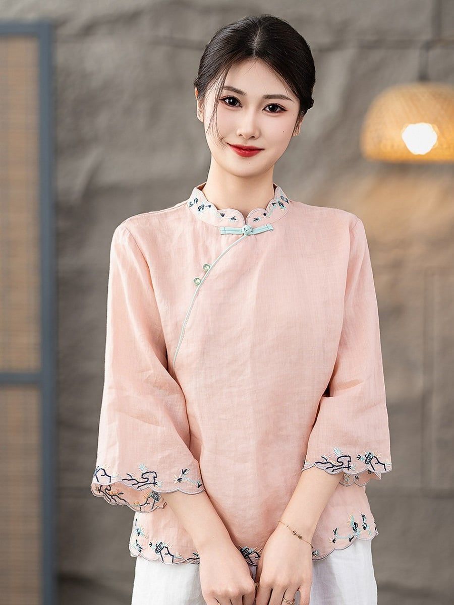  A557-Áo Ramie Thêu Viền 