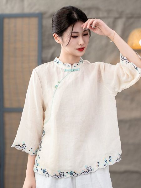  A557-Áo Ramie Thêu Viền 