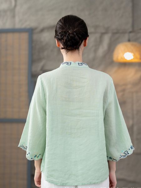  A557-Áo Ramie Thêu Viền 