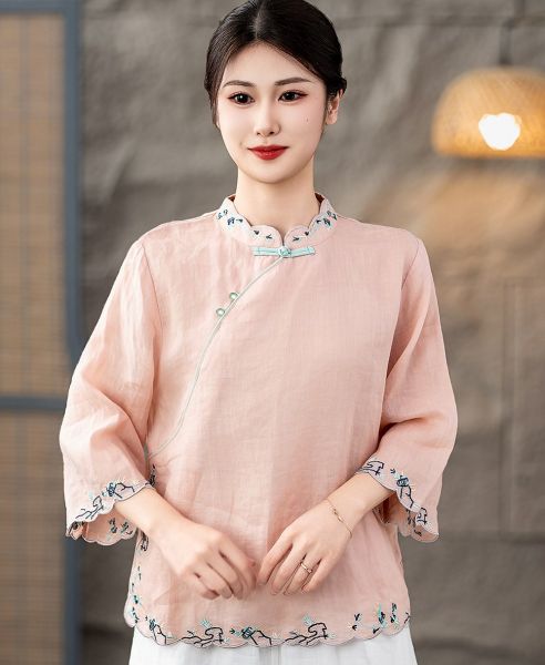  A557-Áo Ramie Thêu Viền 