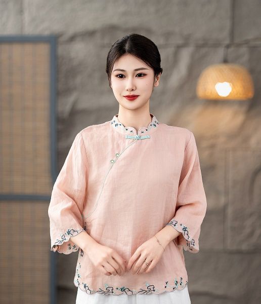  A557-Áo Ramie Thêu Viền 