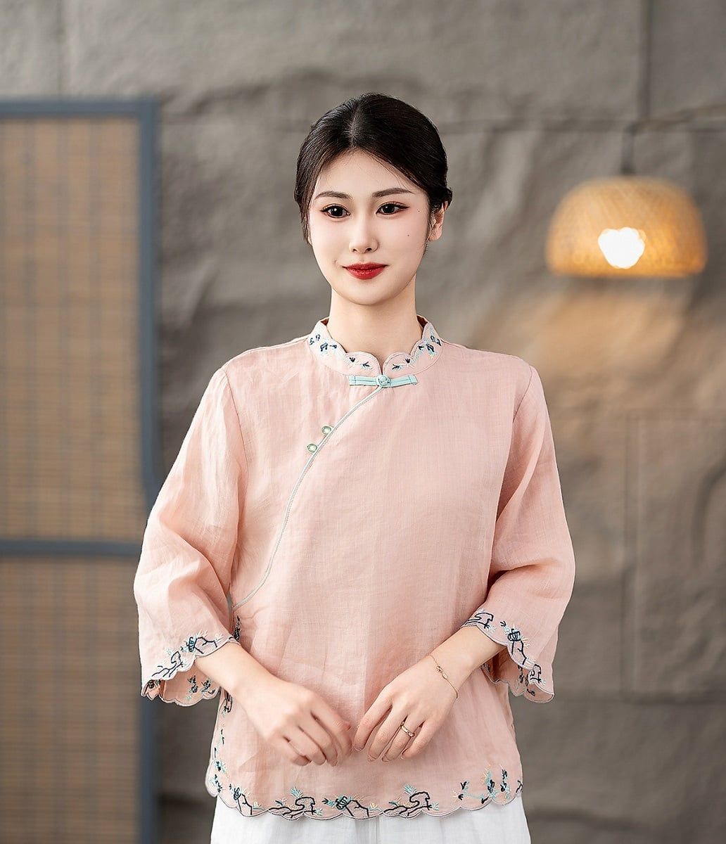  A557-Áo Ramie Thêu Viền 