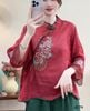 A579-Áo Ramie Thêu Hoa Viền Ren Tay