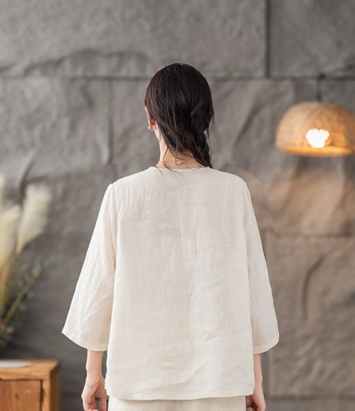  A588-Áo Ramie Thêu Hoa Nghệ Thuật Cổ Điển 