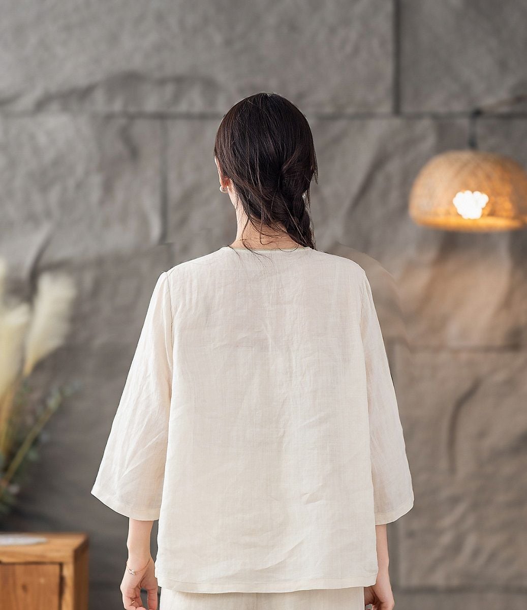  A588-Áo Ramie Thêu Hoa Nghệ Thuật Cổ Điển 