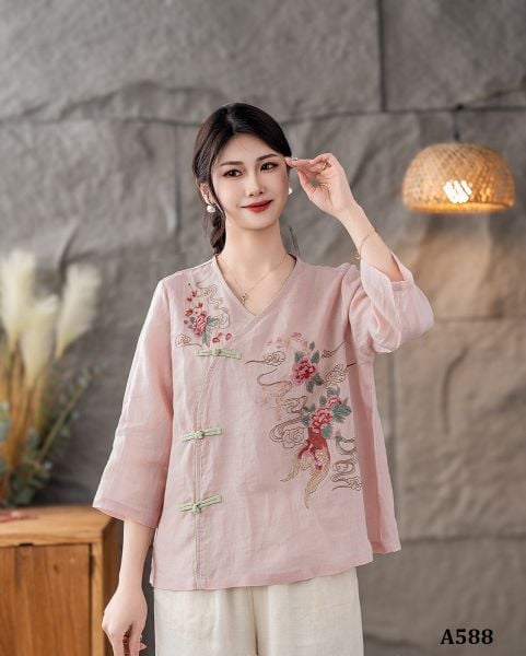  A588-Áo Ramie Thêu Hoa Nghệ Thuật Cổ Điển 
