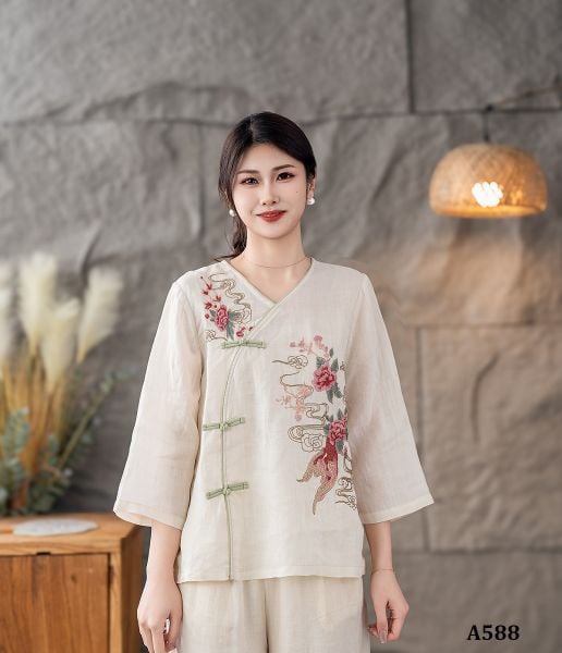  A588-Áo Ramie Thêu Hoa Nghệ Thuật Cổ Điển 