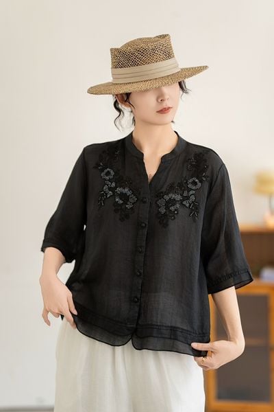  A618-Áo Ramie Thêu Hoa Nghệ Thuật 