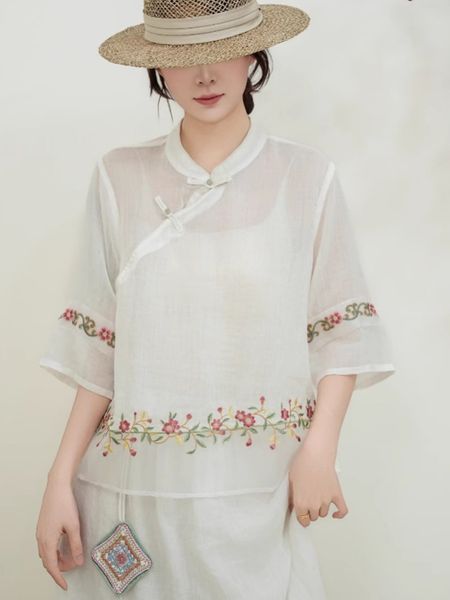  A649-Áo Ramie Thêu Viền Nghệ Thuật 