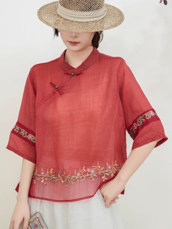  A649-Áo Ramie Thêu Viền Nghệ Thuật 