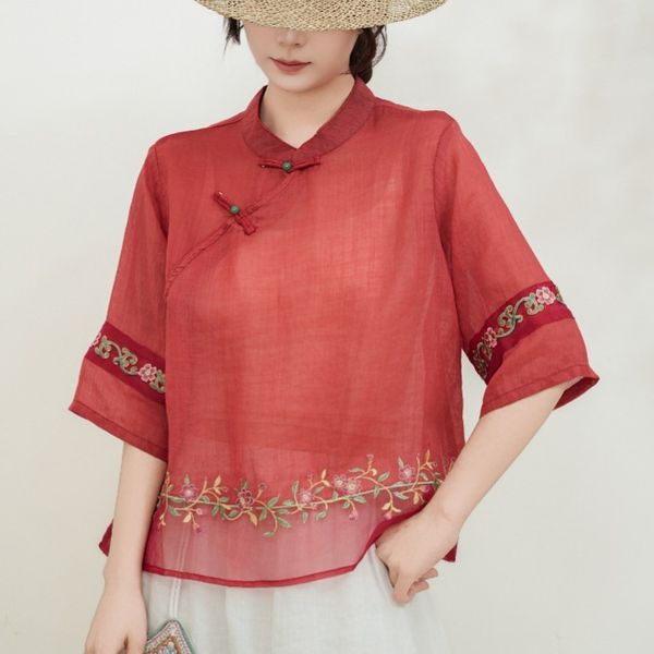  A649-Áo Ramie Thêu Viền Nghệ Thuật 