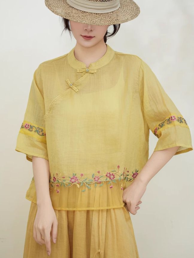  A649-Áo Ramie Thêu Viền Nghệ Thuật 