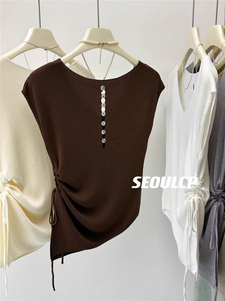  A692-Áo Len Lụa Rút Eo Cổ V Điểm Nút Sau 