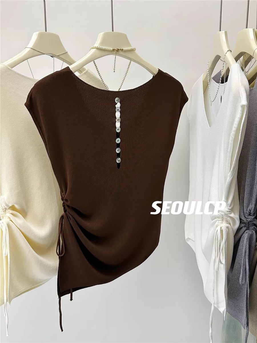  A692-Áo Len Lụa Rút Eo Cổ V Điểm Nút Sau 