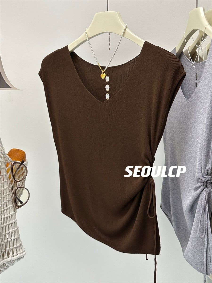  A692-Áo Len Lụa Rút Eo Cổ V Điểm Nút Sau 