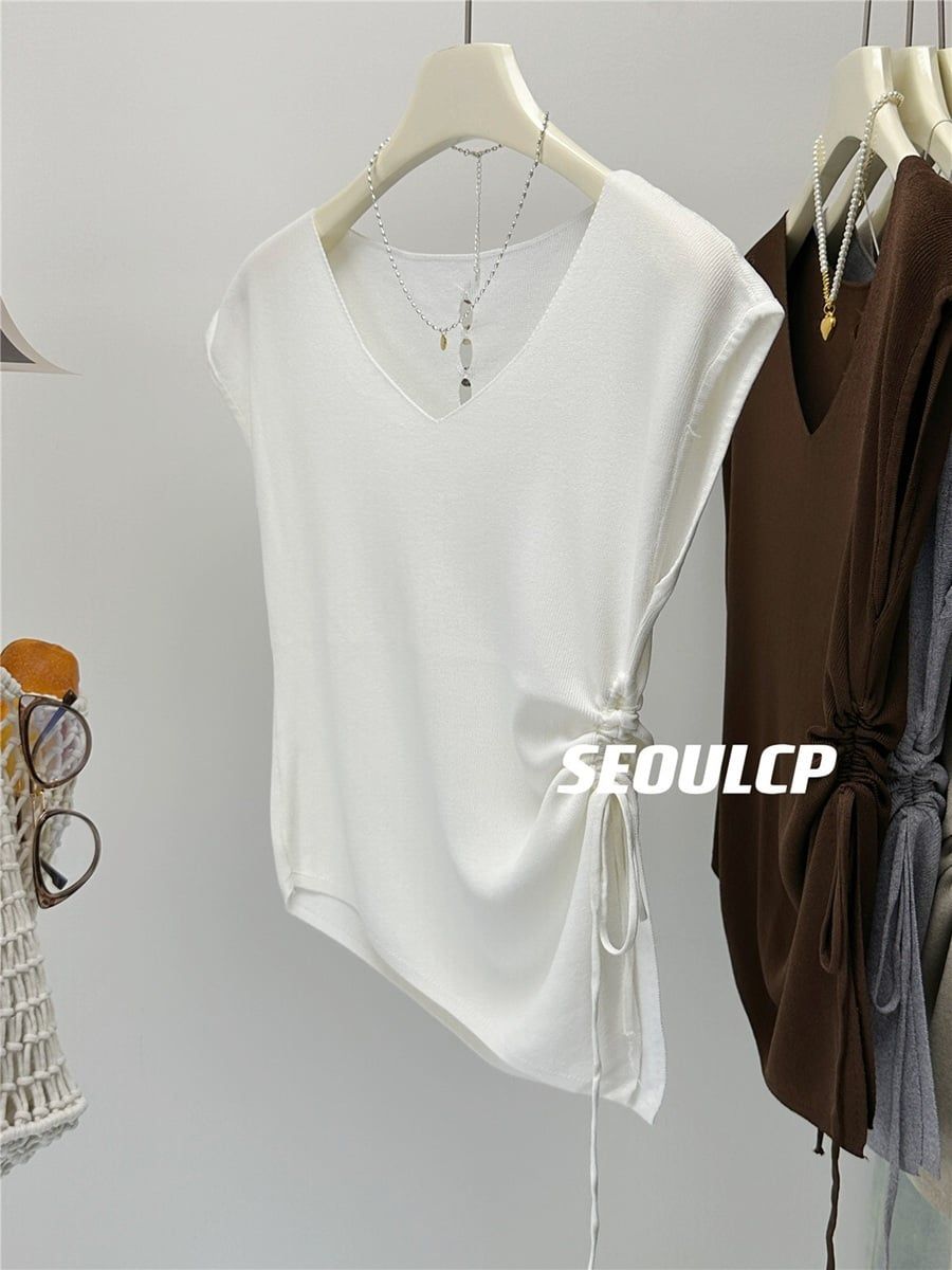  A692-Áo Len Lụa Rút Eo Cổ V Điểm Nút Sau 