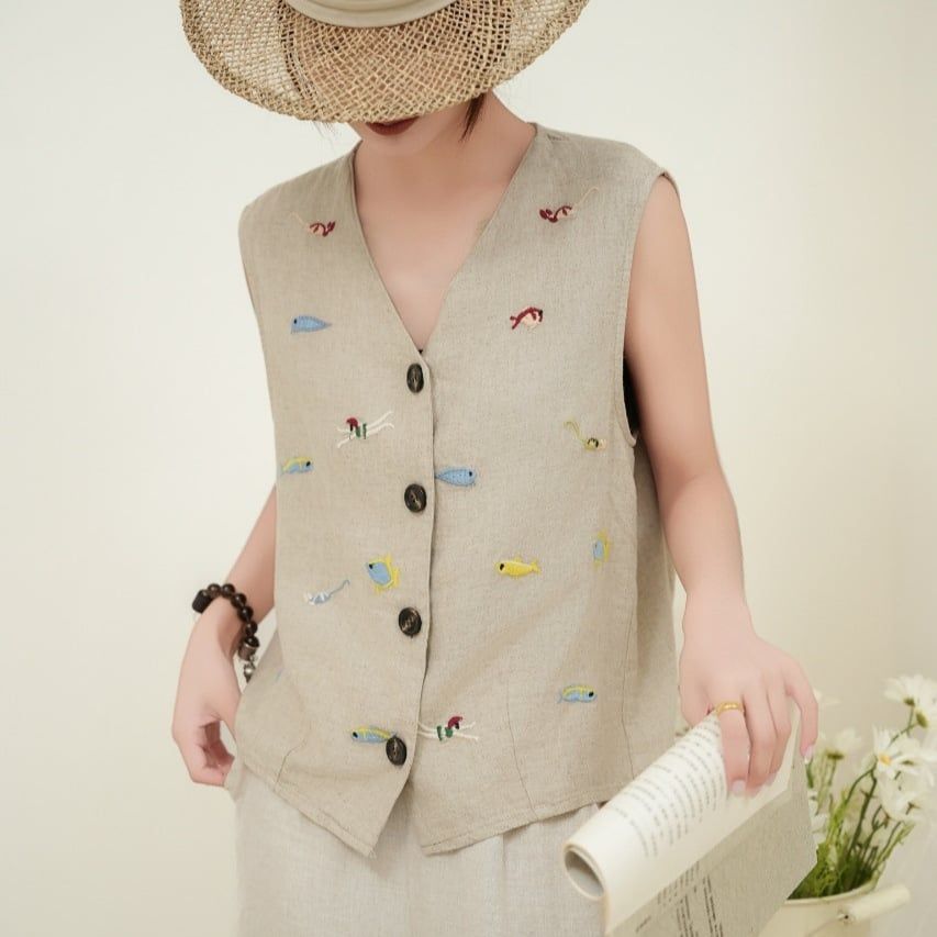  A707-Áo Linen Khoác Không Tay Thêu Cá 