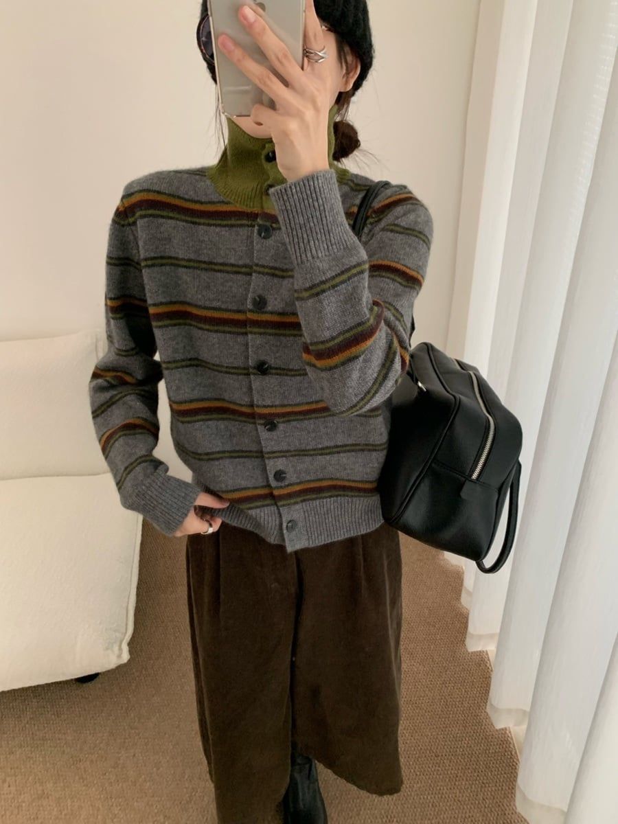  A803-Áo Len Dệt Kim Cardigan Cổ Cao Kẻ Sọc Kiểu Pháp Mùa Thu 