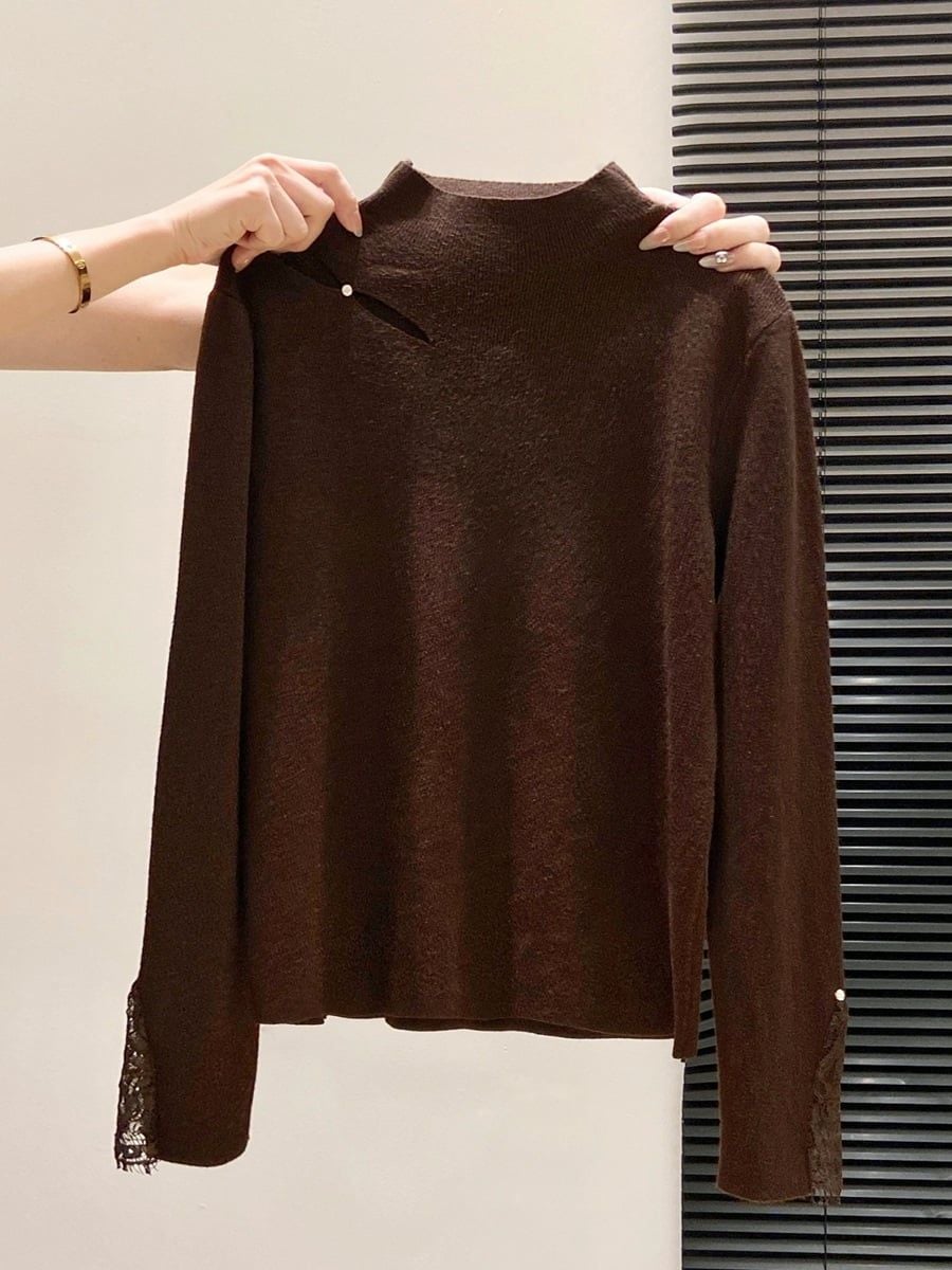  A804-Áo Len Dệt Kim Cổ Cắt Khoét Tay Ren Dáng Ôm Mùa Thu Hàn Quốc 