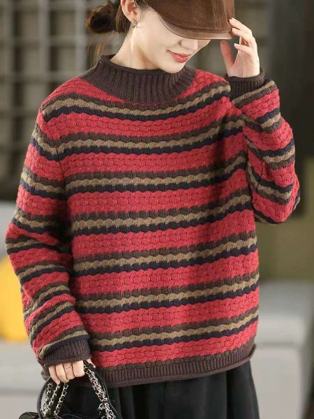  A807-Áo Len Dệt Kim Cardigan Cổ Cao Kẻ Sọc Mùa Thu Hàn Quốc 