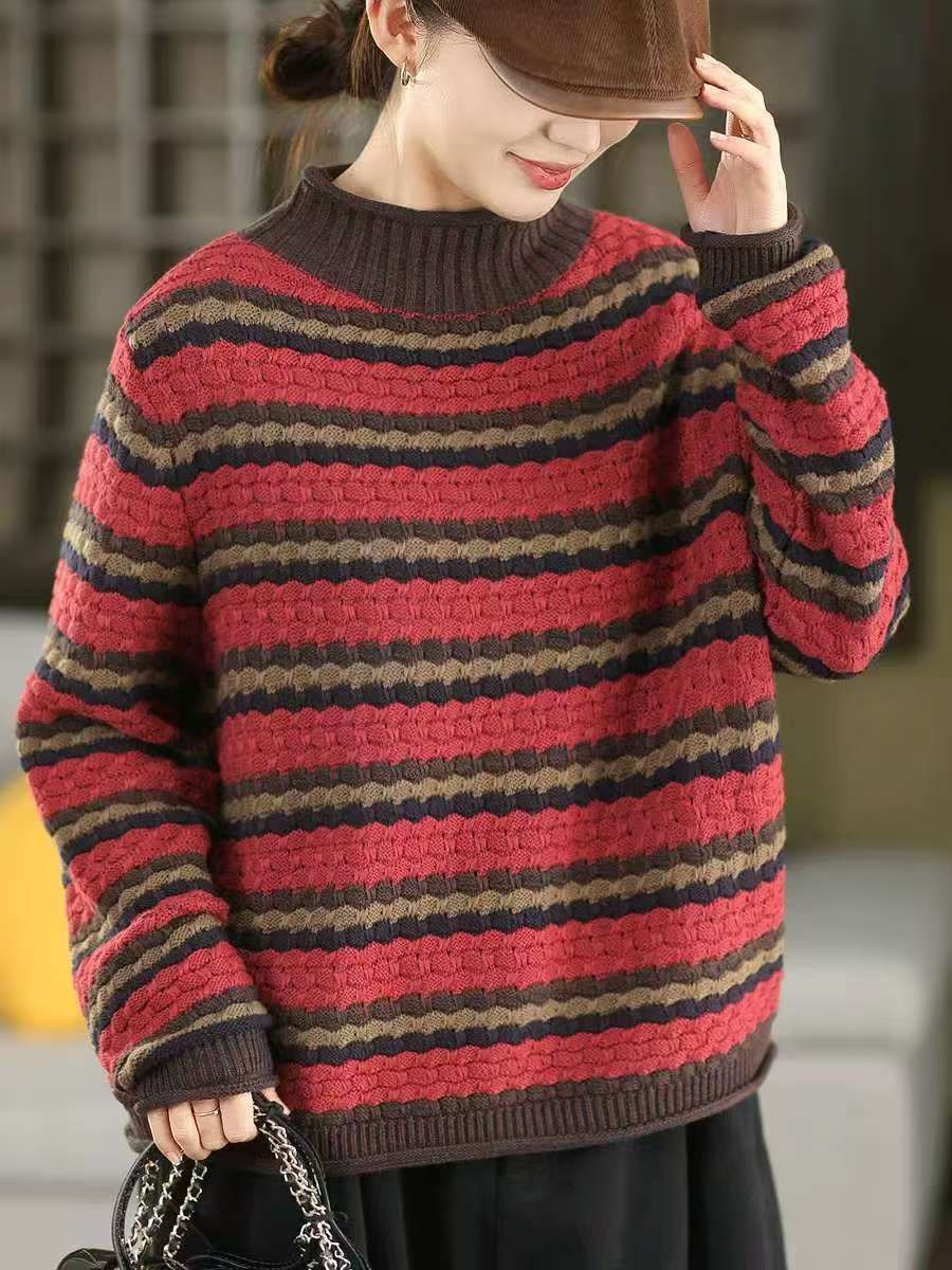  A807-Áo Len Dệt Kim Cardigan Cổ Cao Kẻ Sọc Mùa Thu Hàn Quốc 