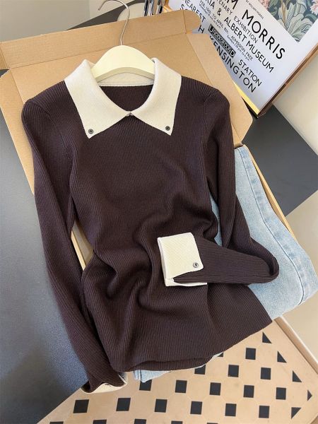  A810-Áo Len Dệt Kim Cổ Phối Màu Mùa Thu Hàn Quốc 