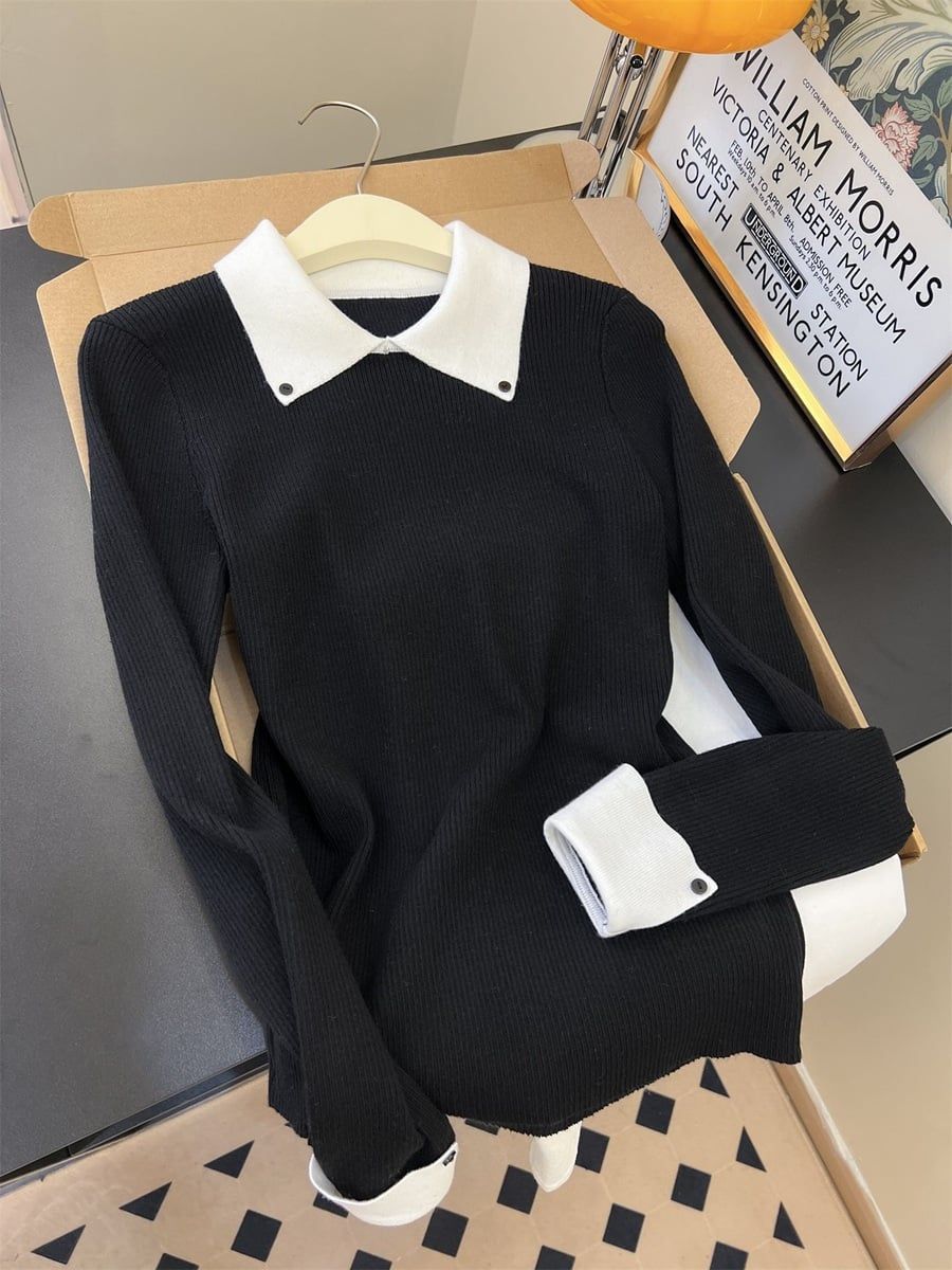  A810-Áo Len Dệt Kim Cổ Phối Màu Mùa Thu Hàn Quốc 