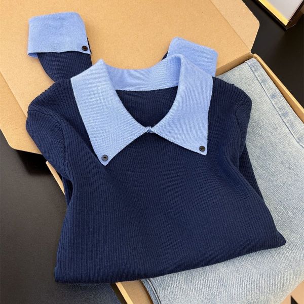  A810-Áo Len Dệt Kim Cổ Phối Màu Mùa Thu Hàn Quốc 