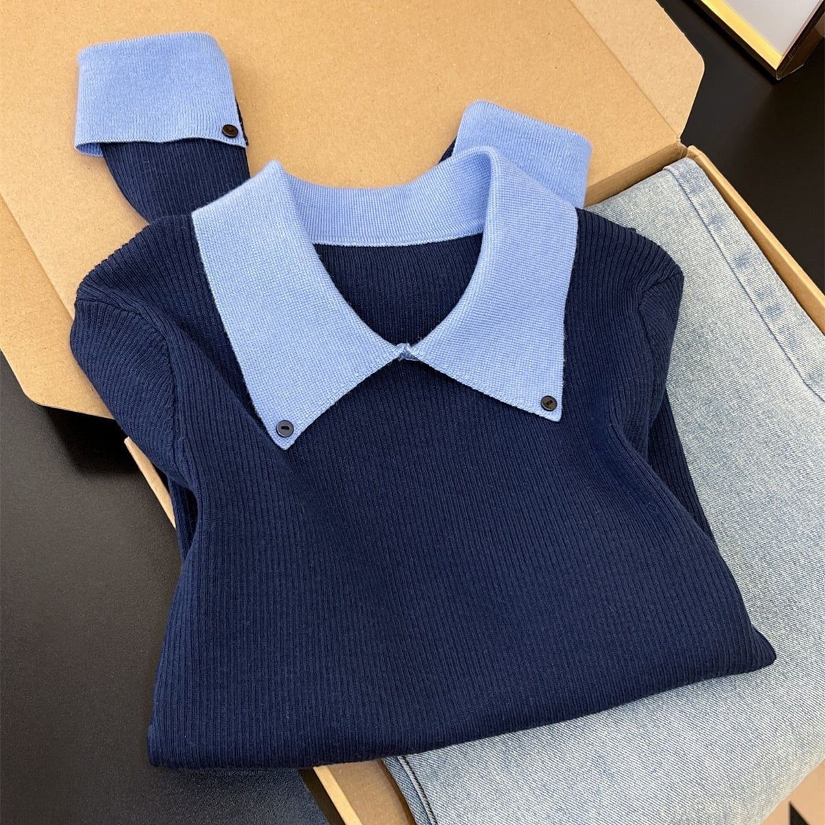  A810-Áo Len Dệt Kim Cổ Phối Màu Mùa Thu Hàn Quốc 