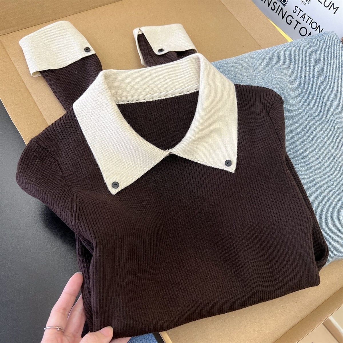  A810-Áo Len Dệt Kim Cổ Phối Màu Mùa Thu Hàn Quốc 