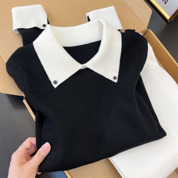  A810-Áo Len Dệt Kim Cổ Phối Màu Mùa Thu Hàn Quốc 