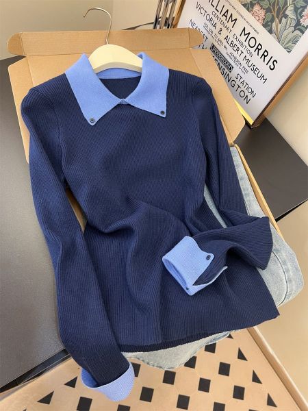  A810-Áo Len Dệt Kim Cổ Phối Màu Mùa Thu Hàn Quốc 