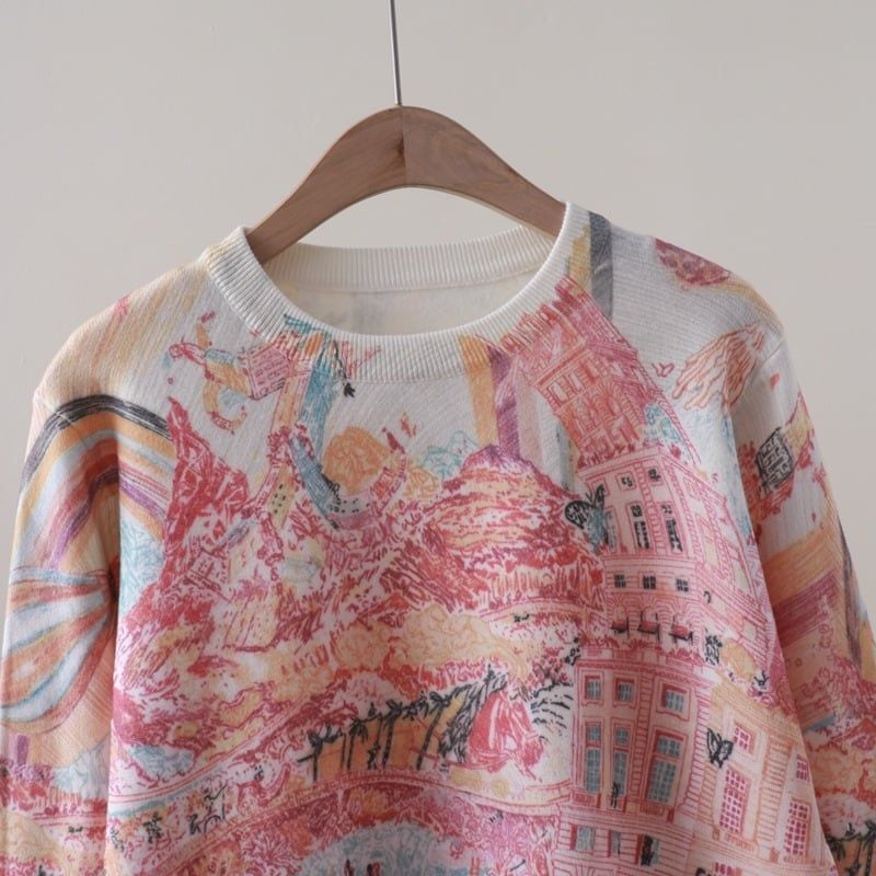  A818-Áo Len Dệt Kim Trừu Tượng Mùa Thu Hàn Quốc 