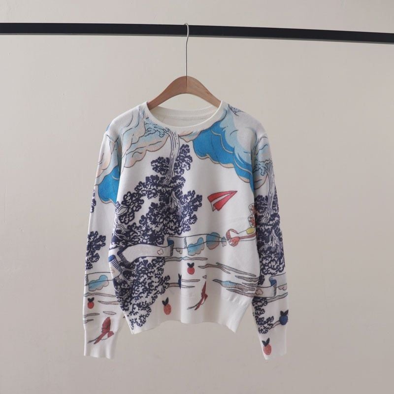  A821-Áo Len Dệt Kim Trừu Tượng Hoạt Họa Mùa Thu 