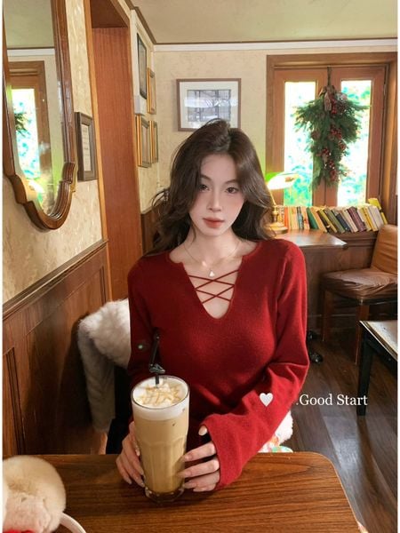  A825-Áo Len Cổ V Dáng Suông Quyến Rũ Mùa Thu 