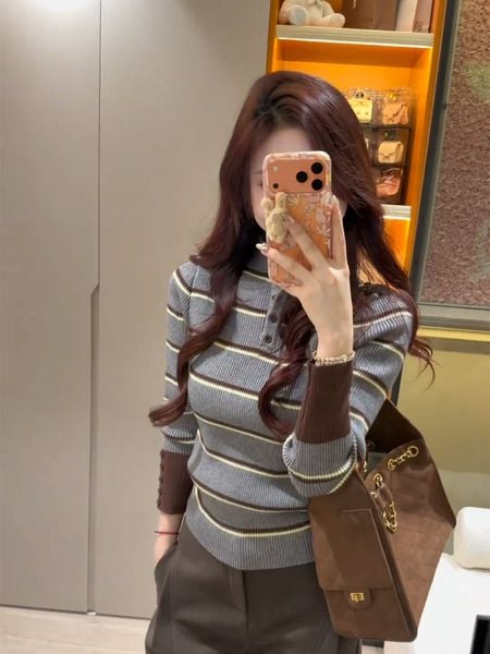  A852 Áo Len Dệt Kim Kẻ Sọc Cổ Cao 