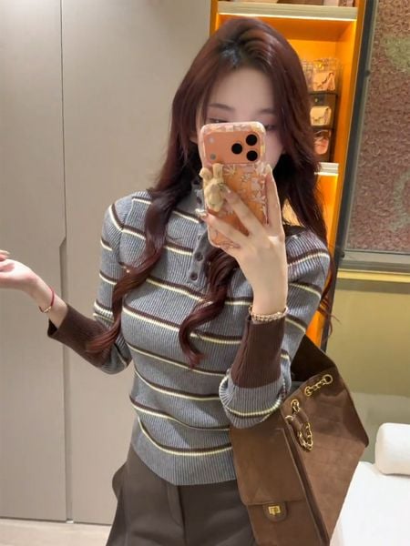  A852 Áo Len Dệt Kim Kẻ Sọc Cổ Cao 