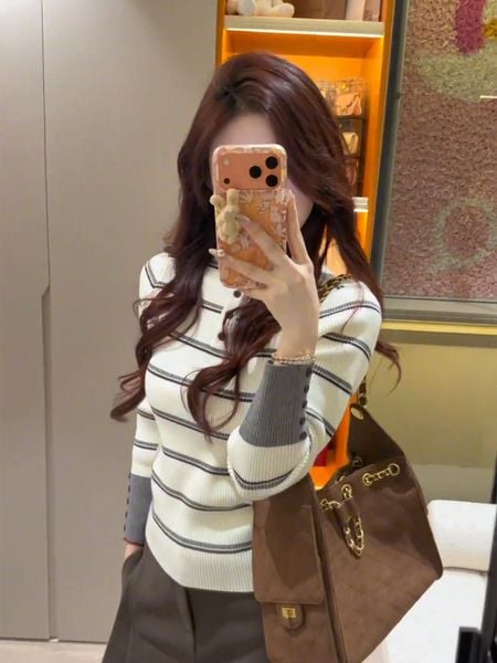  A852 Áo Len Dệt Kim Kẻ Sọc Cổ Cao 