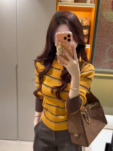  A852 Áo Len Dệt Kim Kẻ Sọc Cổ Cao 