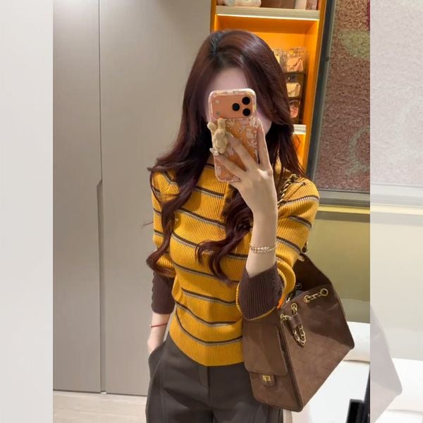  A852 Áo Len Dệt Kim Kẻ Sọc Cổ Cao 