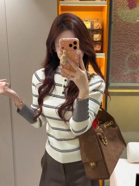  A852 Áo Len Dệt Kim Kẻ Sọc Cổ Cao 