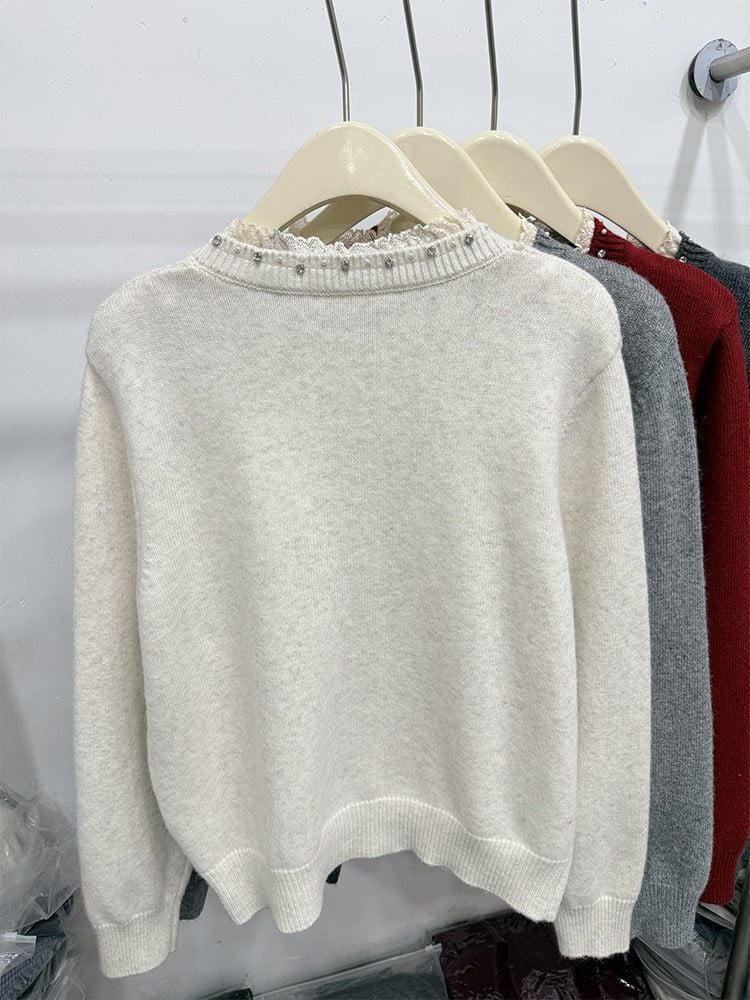  A854- Áo Len Dệt Kim Cardigan Cổ Cườm Phối Ren Thanh Lịch Mùa Thu 