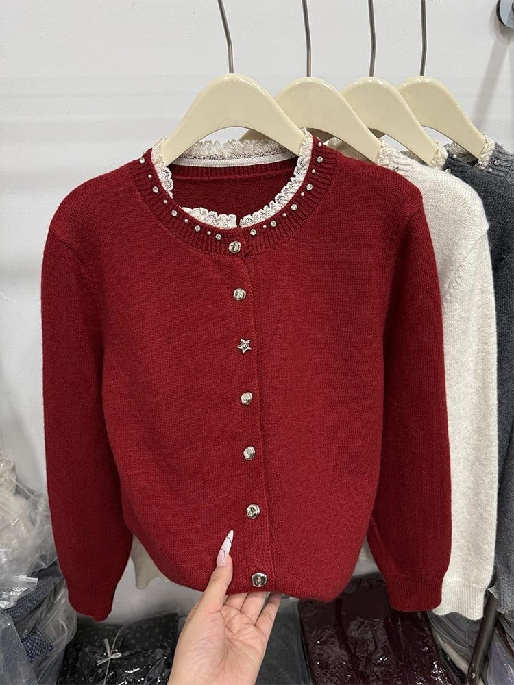  A854- Áo Len Dệt Kim Cardigan Cổ Cườm Phối Ren Thanh Lịch Mùa Thu 