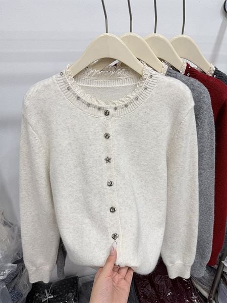 A854- Áo Len Dệt Kim Cardigan Cổ Cườm Phối Ren Thanh Lịch Mùa Thu 
