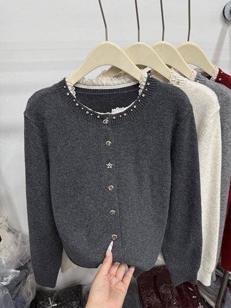  A854- Áo Len Dệt Kim Cardigan Cổ Cườm Phối Ren Thanh Lịch Mùa Thu 