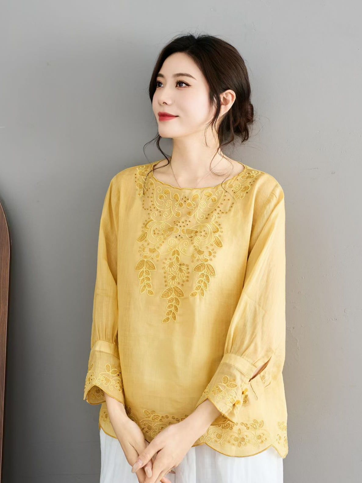  A866-Áo Ramie Thêu Hoa Nghệ Thuật Thanh Lịch Tao Nhã 