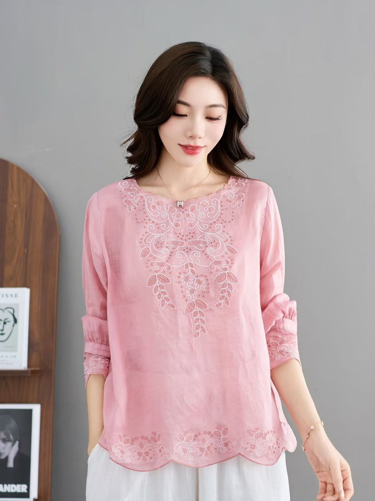  A866-Áo Ramie Thêu Hoa Nghệ Thuật Thanh Lịch Tao Nhã 