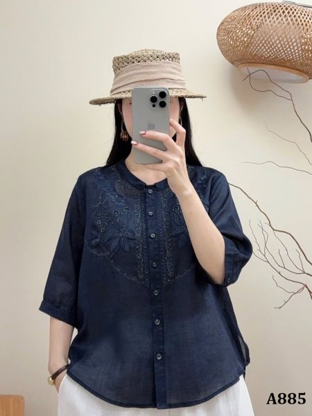  A885-Áo Ramie Thêu Hoa Hạt Châu Nghệ Thuật 